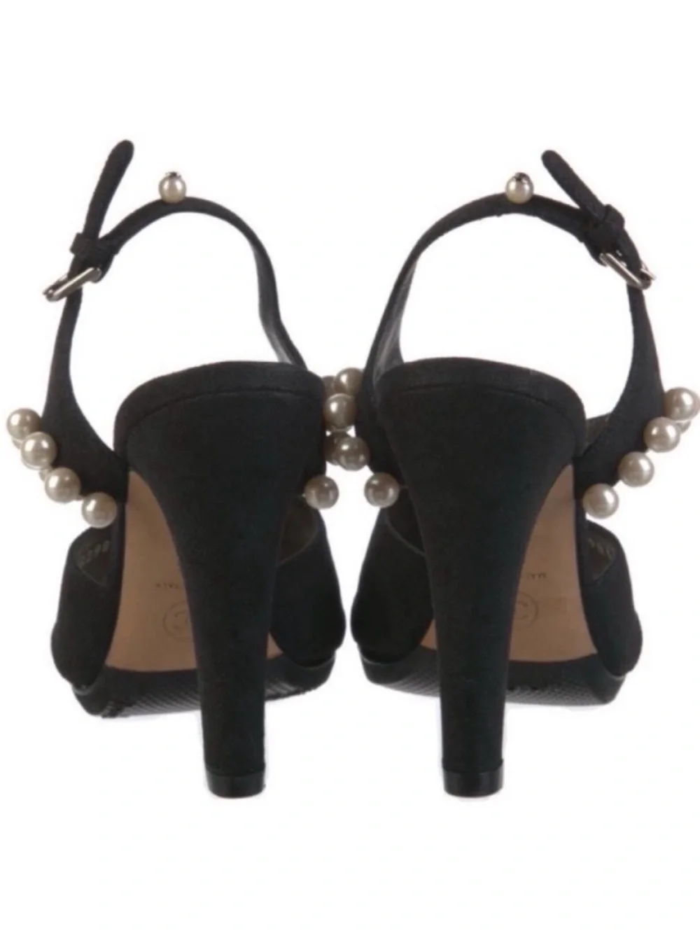 CHANEL 2014 Runway Black Suede Faux Pearl CC Slingback Sandals NWOT